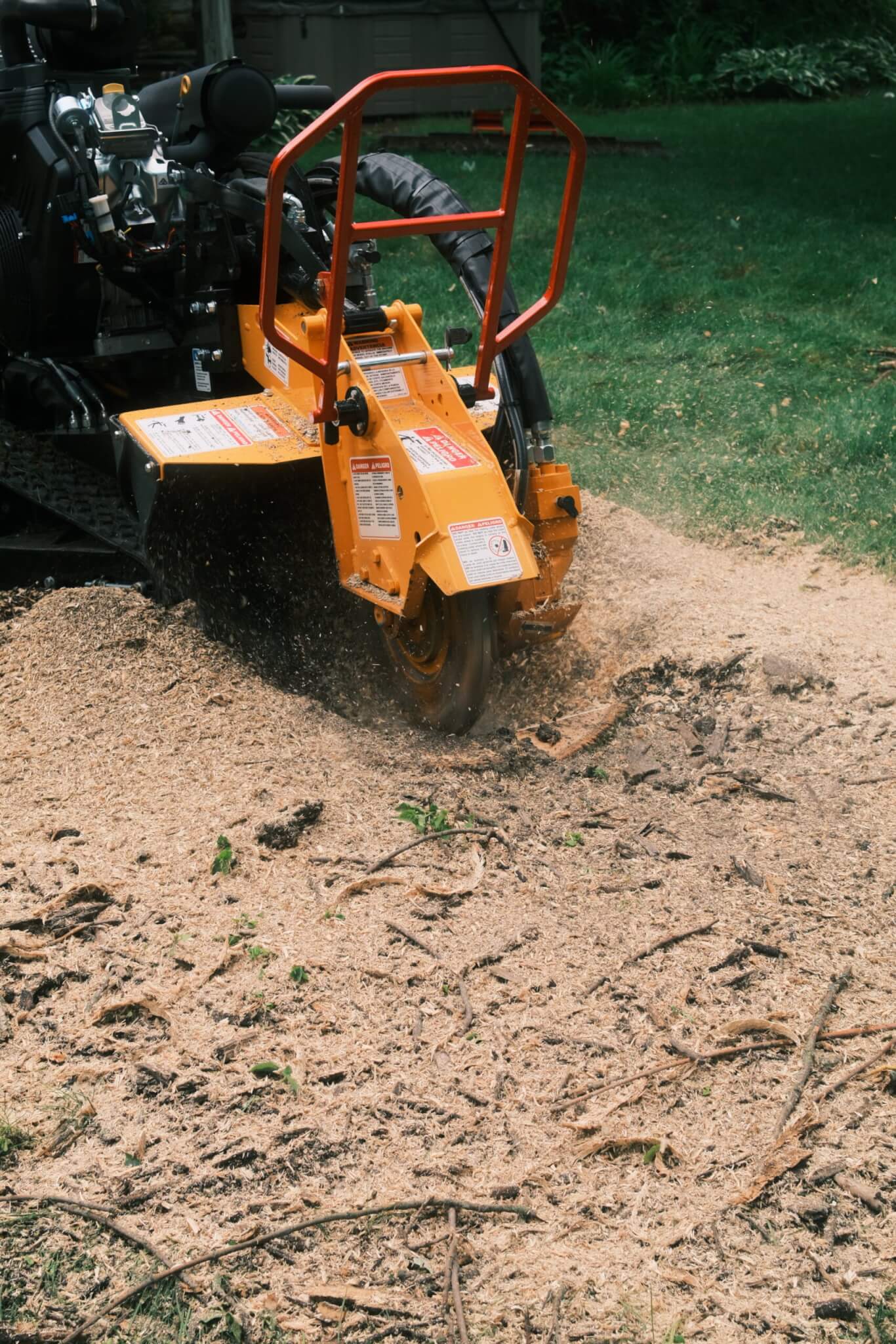 Orange stump grinder cutting a tree stump below grade with chips flying in a Twin Cities yard